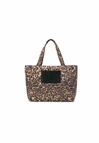 Borsa a soffietto trapuntata con motivo leopardato in marrone e nero, dotata di un accento in pelle nera e due manici in tessuto per il trasporto.