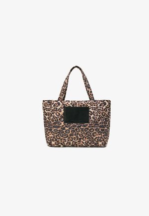 Quilted tote bag with leopard pattern in brown and black, featuring black leather accent and two fabric handles for carrying.