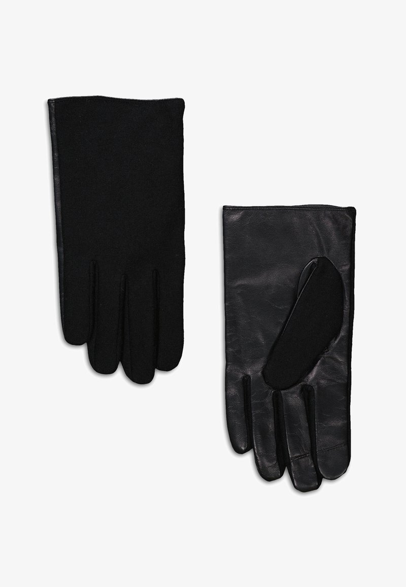 Mustat hansikkaat, toinen villasta ja toinen nahasta, pehmeällä tekstuurilla, yksinkertaisella designillä ja sormituloilla. Molemmat ovat väriltään samat.