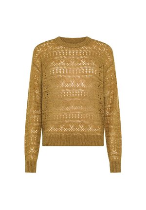 Maglione marrone lavorato a maglia con un intricato motivo a traforo, maniche lunghe, polsini e orlo a costine e scollatura rotonda.