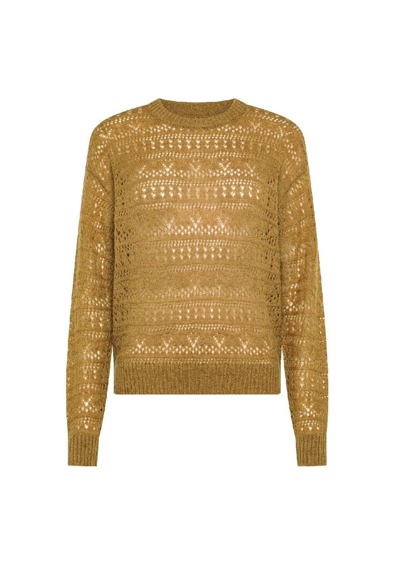 Maglione marrone lavorato a maglia con un intricato motivo a traforo, maniche lunghe, polsini e orlo a costine e scollatura rotonda.