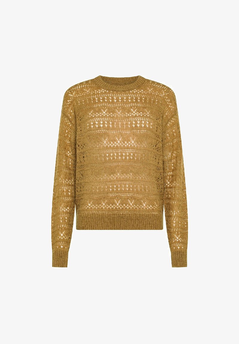Maglione marrone lavorato a maglia con un intricato motivo a traforo, maniche lunghe, polsini e orlo a costine e scollatura rotonda.
