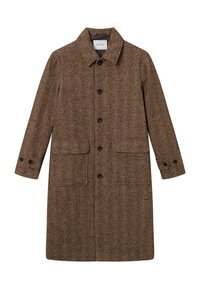 Brun hørfiskebensfrakke med krave, frontknapper, to store lommer og knapmanchetter. Lavet af tekstureret stof.