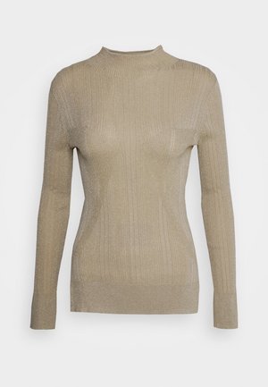 Pull beige en maille côtelée avec manches longues, col haut et texture légèrement scintillante, présenté sur un fond uni.
