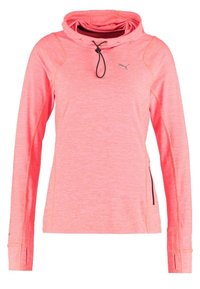 Lyserød atletisk hættetrøje med lange ærmer, justerbar snøre i hætten, tommelhul ved manchetterne og lille Puma-logo på brystet.