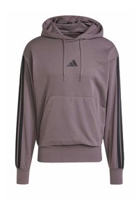 Hoodie i mauve tyg med en framfick, svarta sidostenar och en liten svart logotyp på bröstet. Mjuk textur.