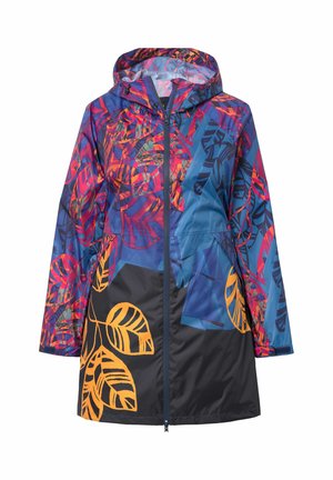 Colorful waterproof jacket featuring a hood, vibrant leaf patterns in orange, pink, and blue, with a zip closure and side pockets.
