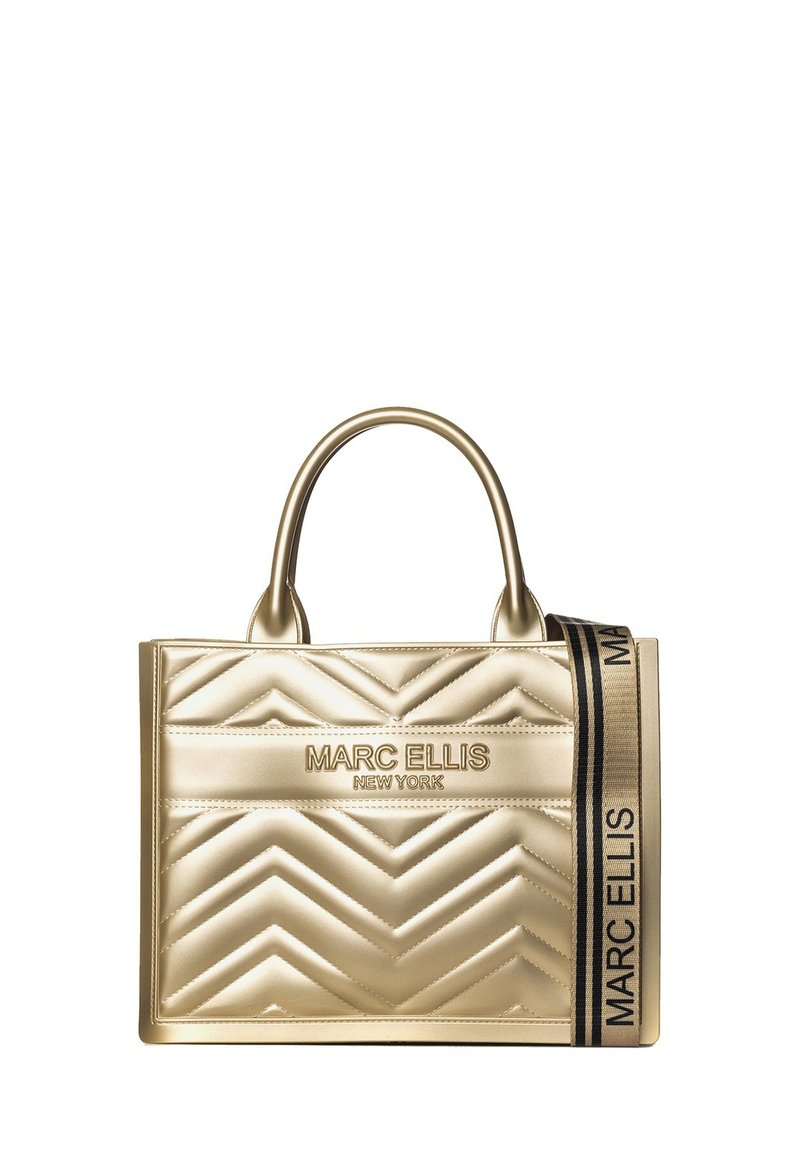 Borsa a tracolla oro con motivo a zig zag, dotata di due manici rotondi e di una tracolla nera con il testo "MARC ELLIS NEW YORK."