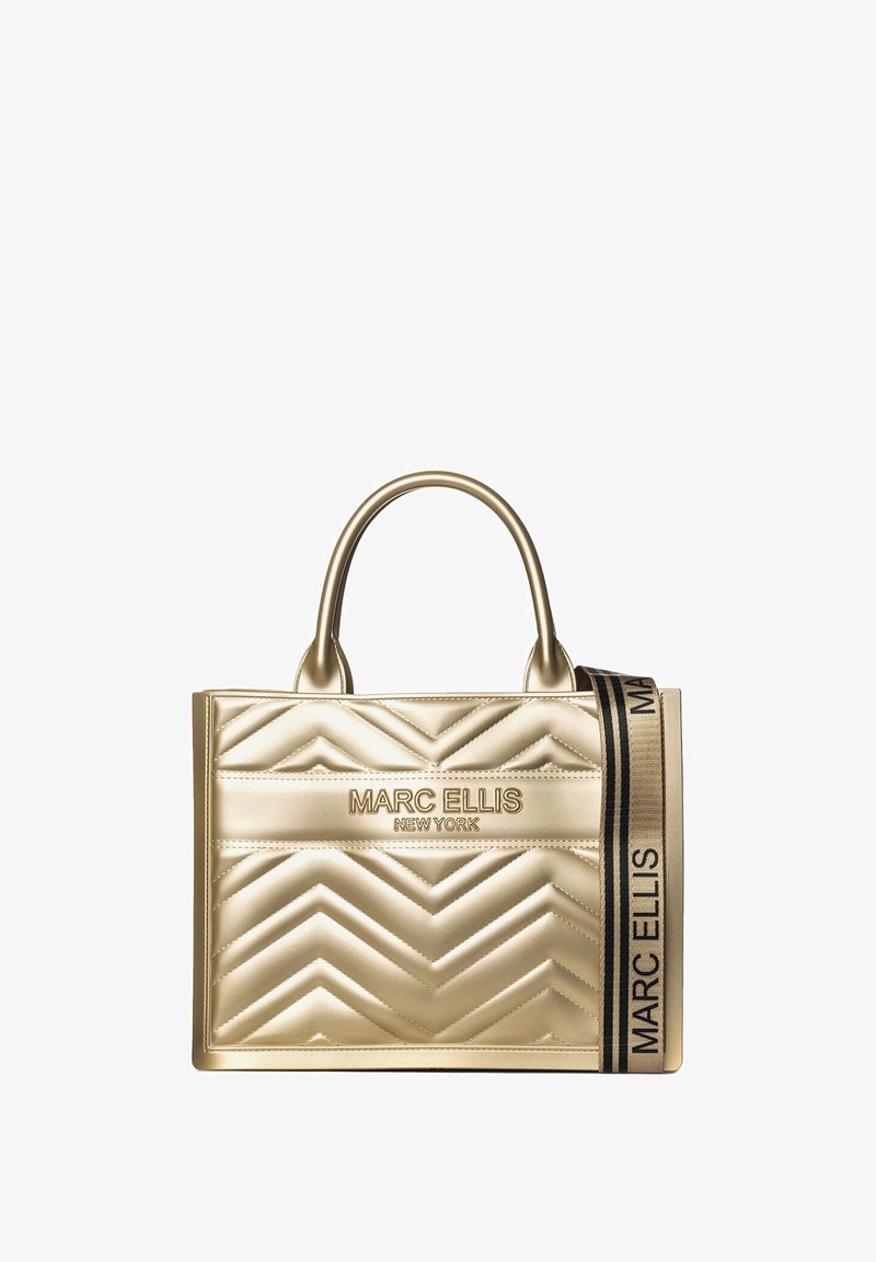 Borsa a tracolla oro con motivo a zig zag, dotata di due manici rotondi e di una tracolla nera con il testo "MARC ELLIS NEW YORK."