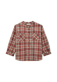 Chemise à carreaux rouge et beige avec un col rond, deux poches poitrine et une fermeture à boutons, présentant un mélange de motifs à petits et grands carreaux.