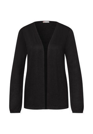 Černý kardigan s dlouhými rukávy, otevřený vpředu, s elastickými lemy na rukávech, jednoduchý střih bez límce a rovný spodní lem.