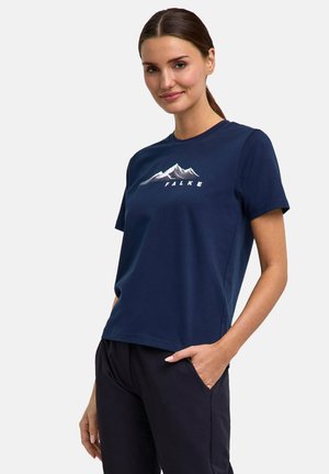 Korte mouwen marineblauwe t-shirt van katoen met een bergontwerp en de tekst "FALKE" eronder, met een gladde textuur en een reguliere pasvorm.