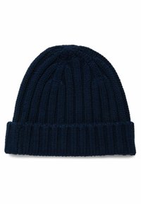 Bonnet tricot bleu marine avec texture côtelée et revers replié. Le matériau est doux, avec un motif uniforme sur l'ensemble.