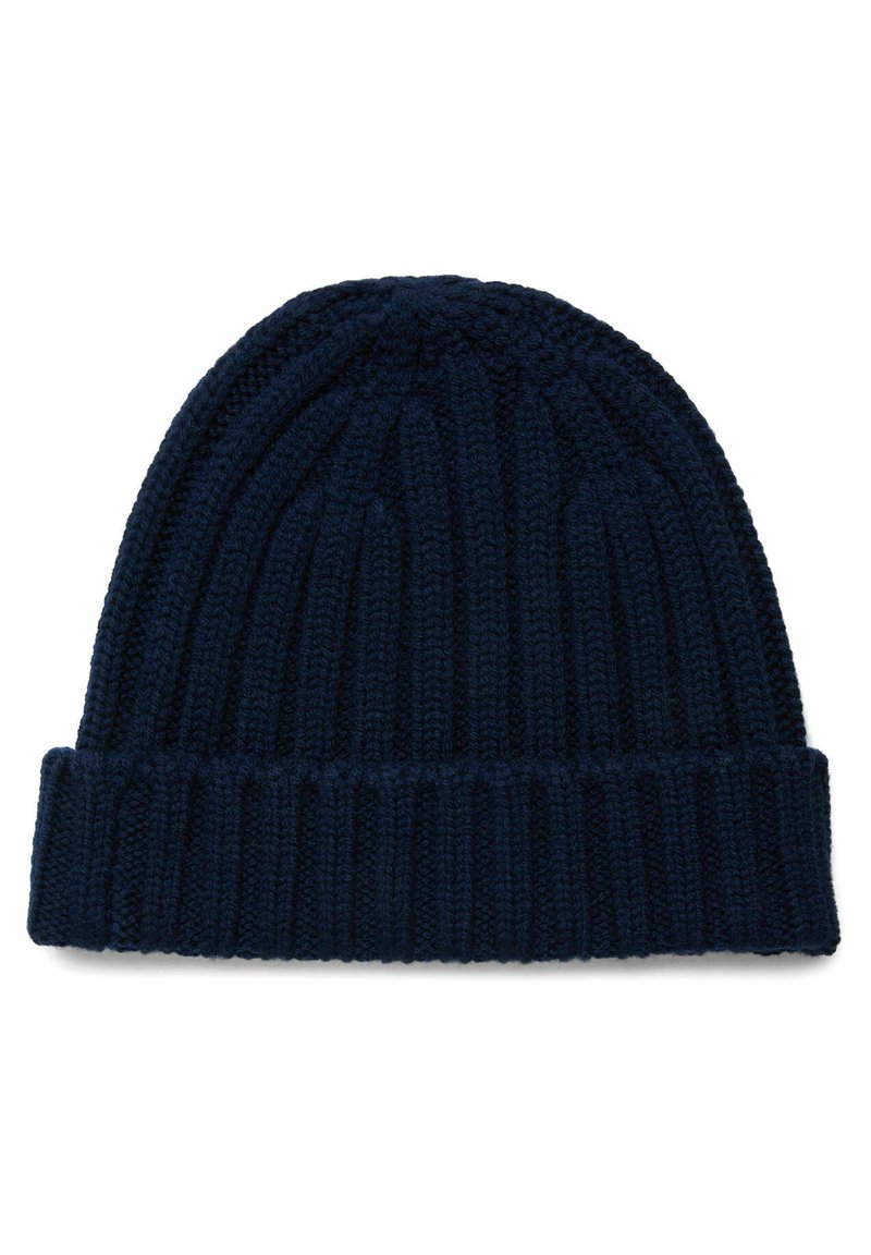 Bonnet tricot bleu marine avec texture côtelée et revers replié. Le matériau est doux, avec un motif uniforme sur l'ensemble.