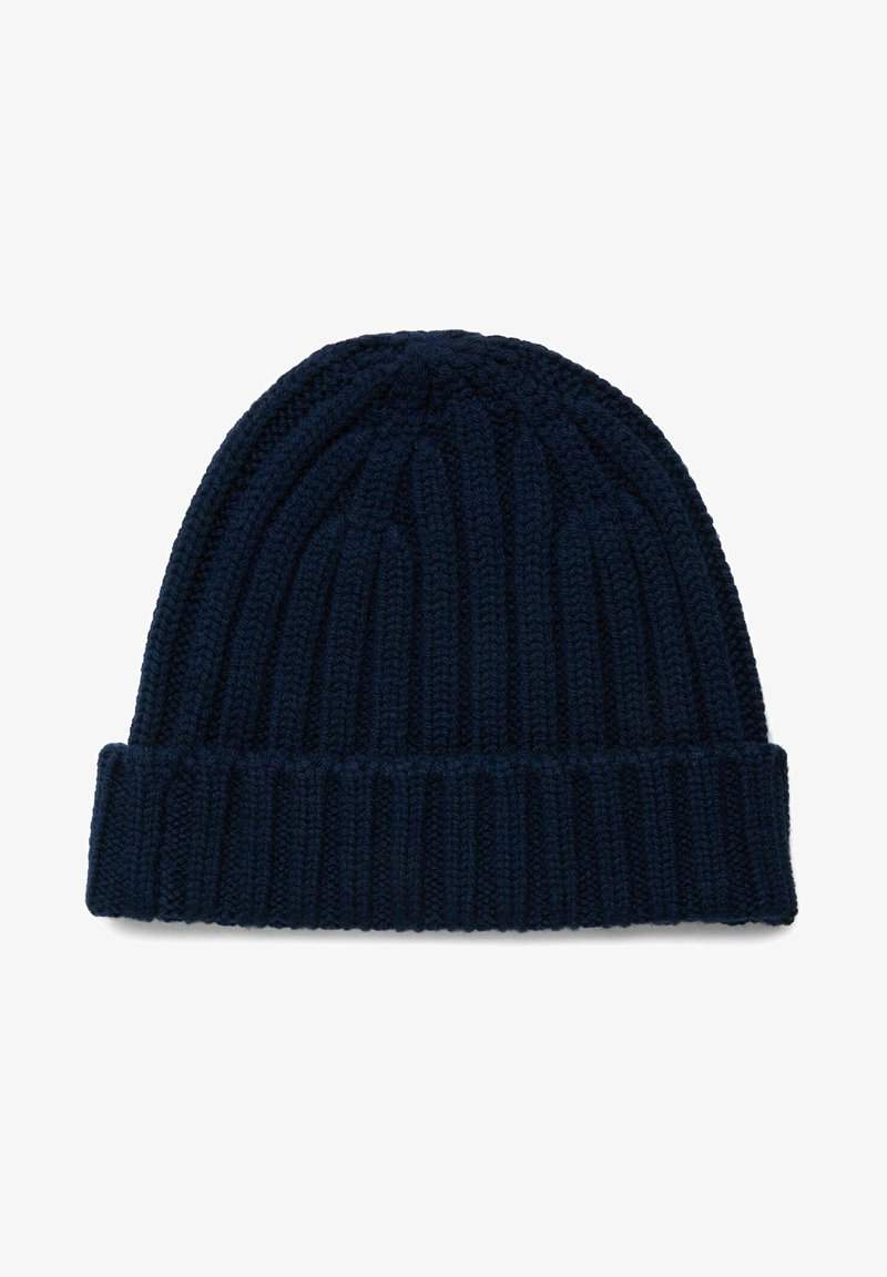 Bonnet tricot bleu marine avec texture côtelée et revers replié. Le matériau est doux, avec un motif uniforme sur l'ensemble.