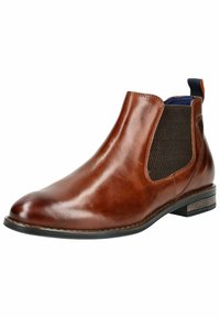 Bottines Chelsea en cuir marron avec des panneaux latéraux élastiques, un design épuré, des accents texturés et un talon empilé bas pour plus de stabilité.