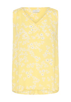 Kollane ilma varrukateta topp, millel on V-kaelus, valge lillemustriga ja voolav tekstuur. Kerge kangas, mis tagab mugava istuvuse.