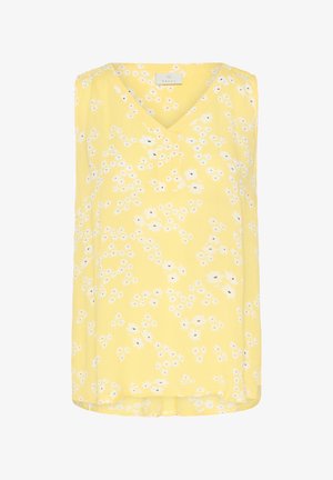 Kollane ilma varrukateta topp, millel on V-kaelus, valge lillemustriga ja voolav tekstuur. Kerge kangas, mis tagab mugava istuvuse.