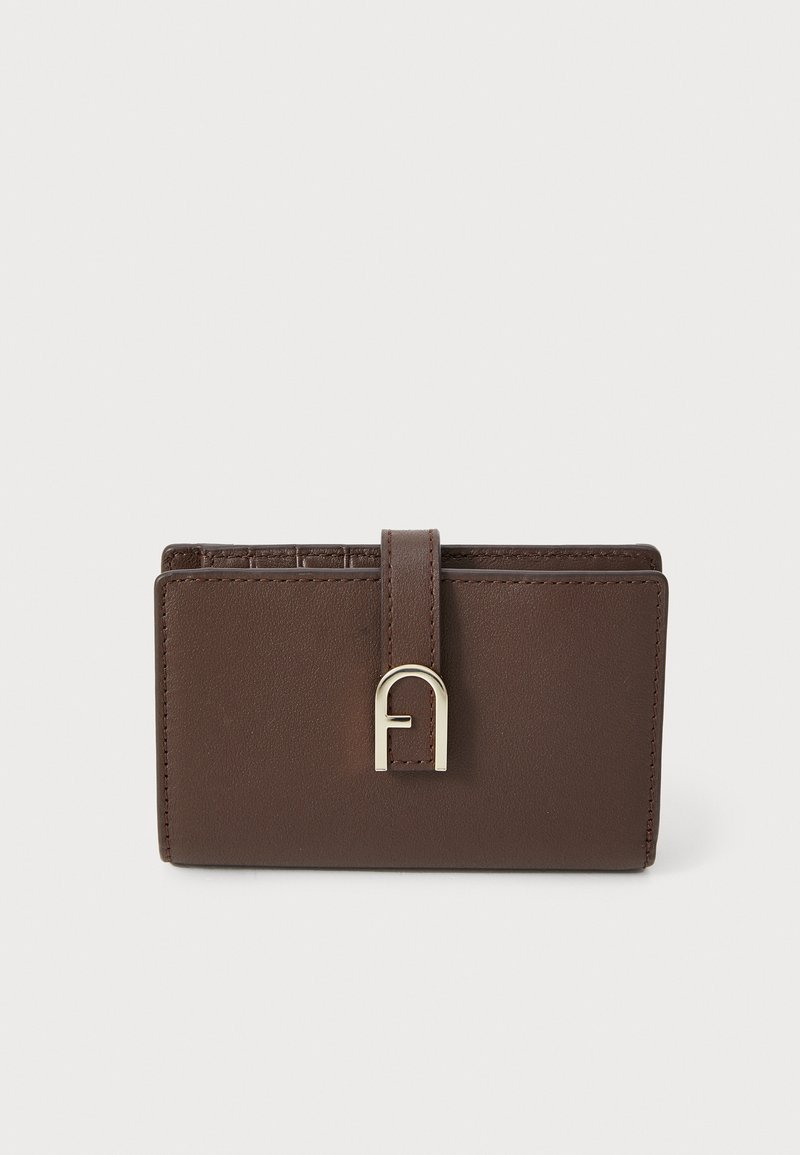 Brown leather wallet with a smooth texture, featuring a gold-toned hardware clasp and a raised logo accent. Compact rectangular shape.
