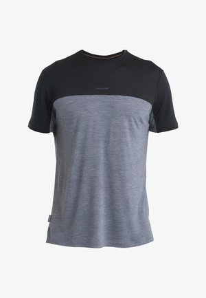 Gray and black short-sleeve t-shirt featuring a horizontal color-block design, round neckline, and subtle brand logo on the upper front.