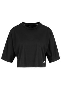 Maglietta crop nera in cotone, con maniche corte e scollatura rotonda. Include un piccolo logo FILA bianco sul davanti.