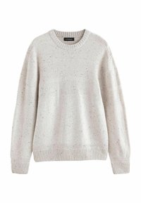 Light beige knit sweater with a crew neckline. Textured patterns throughout, featuring a subtle speckled design. Ribbed cuffs and hem.