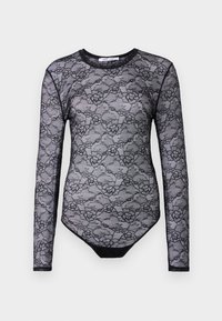 Crni čipkani bodi s dugim rukavima, cvjetnim uzorkom, okruglim izrezom i donjim dijelom u čvrstoj crnoj boji. Prozirna tekstura i slim fit dizajn.