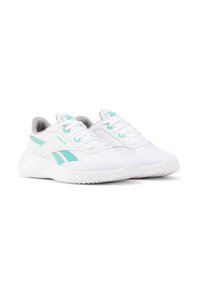 Zapatillas deportivas blancas con material de malla, acentos grises y detalles en turquesa. Presentan una suela texturizada y un diseño tradicional con cordones.