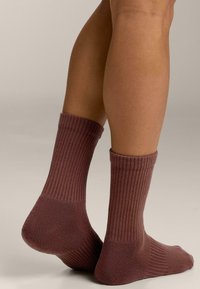 Calze marroni a coste, altezza metà polpaccio, con vestibilità aderente e tessitura liscia, mostrate su gambe abbronzate contro uno sfondo neutro.