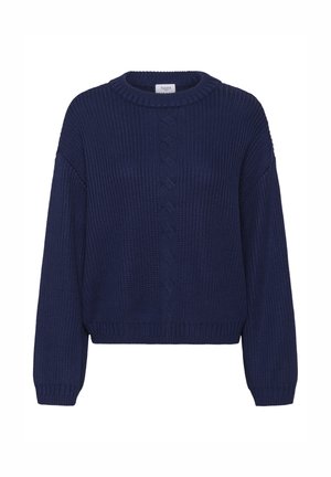 Tumed sinine kootud kampsun ümmarguse kaelusega, pikkade varrukate, soonikkoes mansettide ja äärega, keskel palmikutrikoo mustriga.