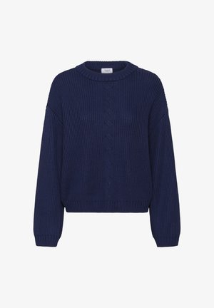 Tumši zils adīts džemperis ar apaļu kakla izgriezumu, garām piedurknēm, ribotām aprocēm un apakšmalu, centrā ar kabeļu adījuma rakstu.