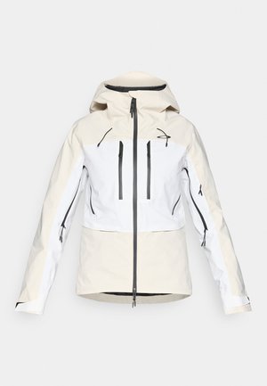 Water-resistant jacket featuring a two-tone design with a light cream upper and white lower section. Includes a hood, zippered pockets, and adjustable cuffs.