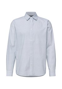 Lichtblauw overhemd met knopen, met een klein ruitpatroon, lange mouwen en een klassieke kraag, gemaakt van een gladde stof.