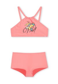 Conjunto de bikini en color coral claro. El top presenta un diseño corto con tirantes ajustables y un gráfico de hoja de palma; las braguitas son de tiro medio.