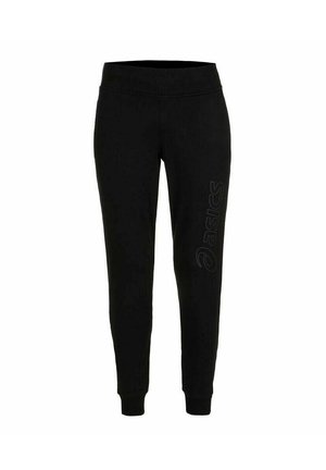 Pantalones de chándal negros con una cintura elástica ajustada, puños ajustados y un sutil logo de Asics impreso en el lado en negro a juego.