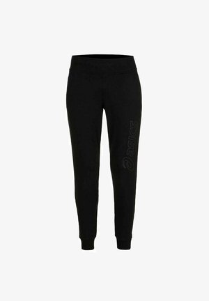 Schwarze Jogginghosen mit einem engen elastischen Bund, schmal zulaufenden Säumen und einem dezenten Asics-Logo, das in passendem Schwarz an der Seite aufgedruckt ist.