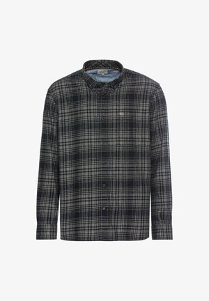 Karierte Langarmbluse in Schwarz, Grau und Weiß. Das Material ist wahrscheinlich Baumwolle und verfügt über einen klassischen Kragen und einen Knopfverschluss.