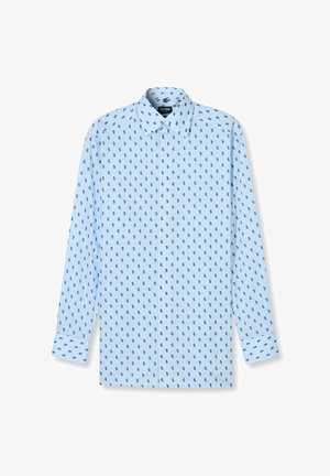 Hellblaues Langarmhemd mit einem Muster aus kleinen dunkelblauen Paisley-Motiven. Verfügt über einen klassischen Kragen und eine Knopfleiste vorne.