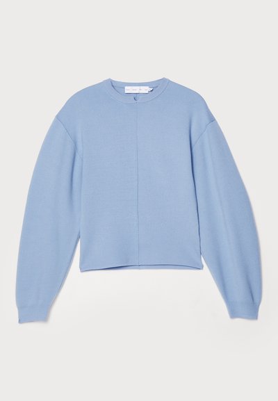 Light blue cropped sweater with long sleeves, made from soft knit material. Features a round neckline and central seam detail.