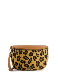 Tasje met luipaardprint, gekleed in geel nepbont, met bruine leren accenten en een ritssluiting. Voorzien van een afneembare schouderband.