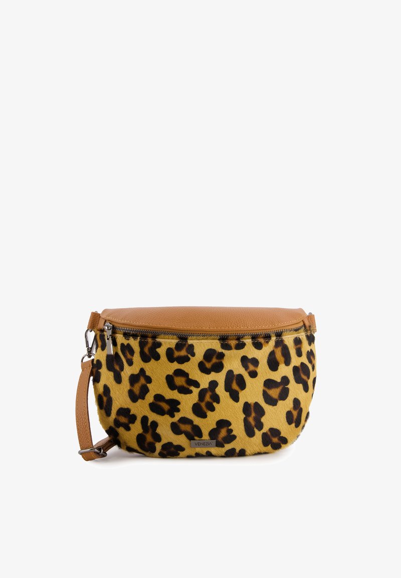 Leopard print bag with yellow faux fur body, brown leather accents, and a zip closure. Features a detachable shoulder strap.