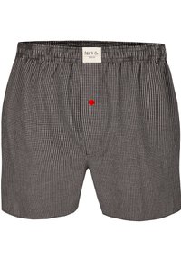 Pánské boxerky v černobílém kostkovaném vzoru s elastickým pasem, zdobené malým červeným knoflíkem.