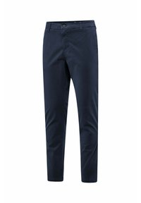 Marineblauwe chino's met een vlakke voorkant, ritssluiting en enkele knoopsluiting. Voorzien van zij- en achterzakken, gladde stofstructuur.