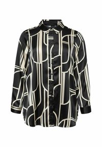 Satin blouse with a black and cream geometric pattern, featuring a collared neckline, button front, and long sleeves with contrasting cuffs.