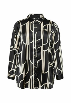 Satijnen blouse met een zwart en crèmekleurig geometrisch patroon, met een kraaghalslijn, knoopsluiting aan de voorkant en lange mouwen met contrasterende manchetten.