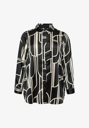 Satijnen blouse met een zwart en crèmekleurig geometrisch patroon, met een kraaghalslijn, knoopsluiting aan de voorkant en lange mouwen met contrasterende manchetten.