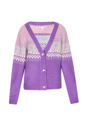 Cardigan a maglia viola con scollo a V, caratterizzato da motivi geometrici in rosa chiaro, blu e bianco, e quattro bottoni sul davanti.