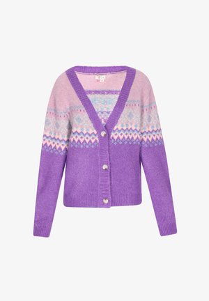 Cardigan a maglia viola con scollo a V, caratterizzato da motivi geometrici in rosa chiaro, blu e bianco, e quattro bottoni sul davanti.