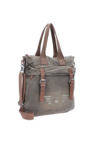 Borsa tote in tela verde oliva con manici marrone chiaro, dotata di due fibbie regolabili in metallo e una stampa del logo sul davanti.
