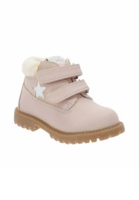 Stivale sintetico rosa alla caviglia con due cinturini in velcro, accentuato da una stella bianca, colletto in pelliccia sintetica e suola in gomma rigata.